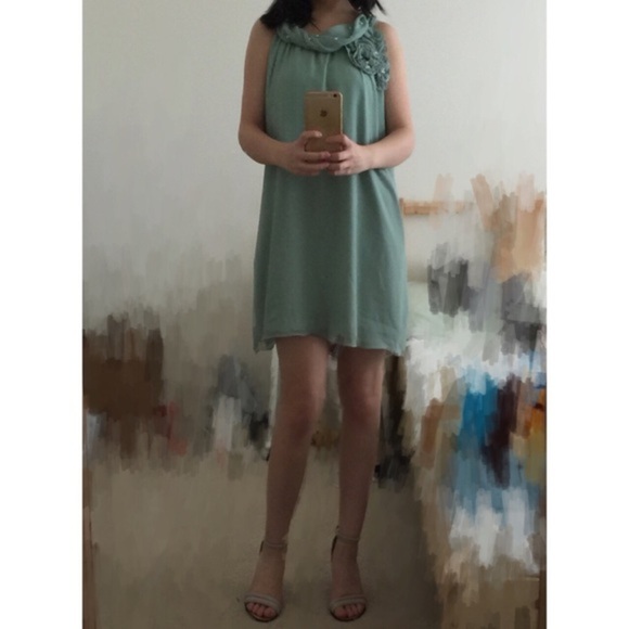 Mint Green Halter Dress with Pearl & Floral Embellishments - Picture 4 of 5